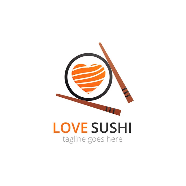 Miluju sushi logo. Roll s tuňákem ve tvaru srdce a hůlky. Návrh vektorového plochého logotypu — Stockový vektor