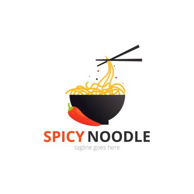 Baharatlı Erişte logosu konsepti. Çubuklu siyah kase. Japonca şablon vektörü.