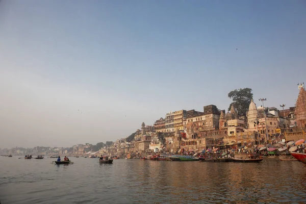 Varanasi Indie Starověkého Města Architektura Panoramatický Pohled Při Západu Slunce — Stock fotografie