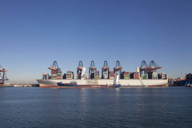 Boşaltma ve Rotterdam liman terminalde yükleme konteyner gemileri panoramik manzaralı