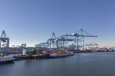 Kargo gemisi Konteyner Vinç nakliye, sabah, Limanı, Rotterdam yükleniyor.