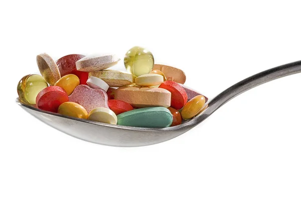 Medicína tablety nebo kapsle v lžíci. Předpis léků pro léčbu léky. Farmaceutické lék, lék v kontejneru pro zdraví — Stock fotografie