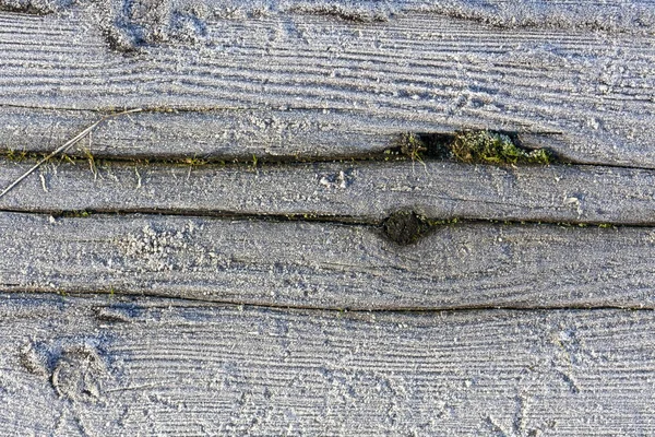 Textura de fondo de madera cubierta de escarcha en invierno — Foto de Stock
