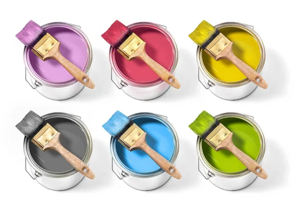 Farklı decorators ile kutular beyaz arka planda üst fırça ile boyalar