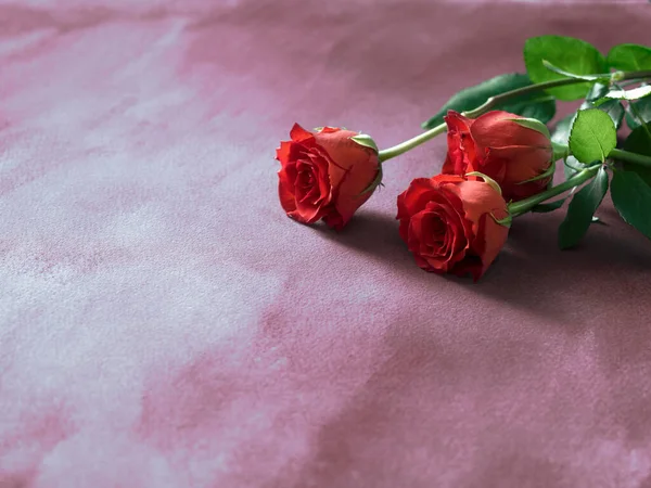 Букет Красных Роз Розовом Каменном Столе Вид Сверху Пространством Копирования — стоковое фото