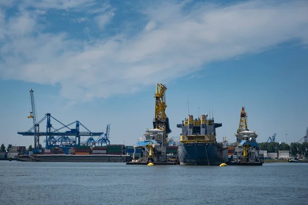 Grands Porte Conteneurs Avec Des Grues Dans Port Rotterdam Pays — Photo