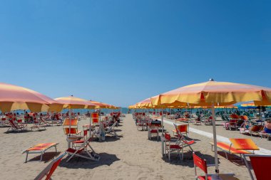 Güneşli şemsiyeli şezlonglar İtalya 'da bir plajda
