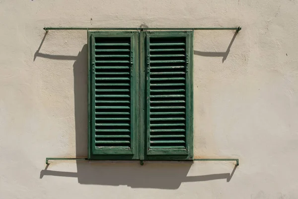 Italian Window Wooden Shutters Brick Wall Decorated Fresh Flowers — Stock Photo, Image