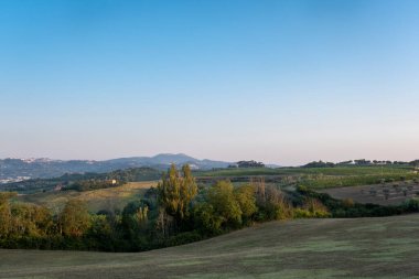 Toskana, Girit Senesi topraklarında kırsal alan. Yuvarlanan tepeler, taşra çiftliği, selvi ağaçları, sıcak günbatımında yeşil alan. Siena, İtalya, Avrupa