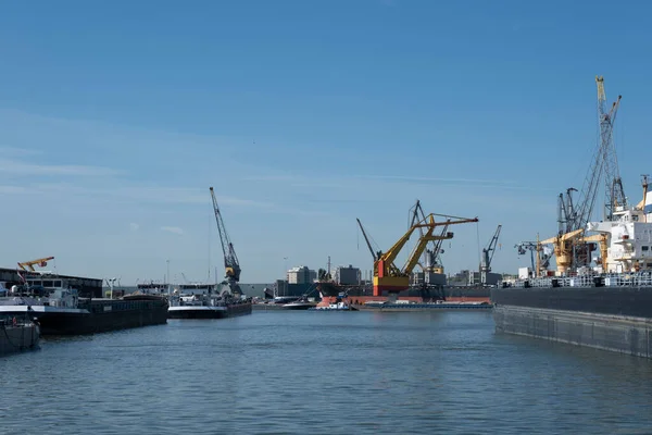 Logistik Und Transport Von Containerschiffen Und Frachtflugzeugen Mit Funktionierender Kranbrücke — Stockfoto