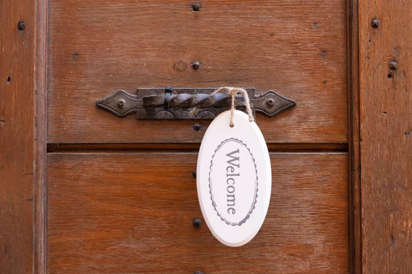 Антикварна Дверна Ручка Дерев Яних Дверях Вітальний Знак — стокове фото
