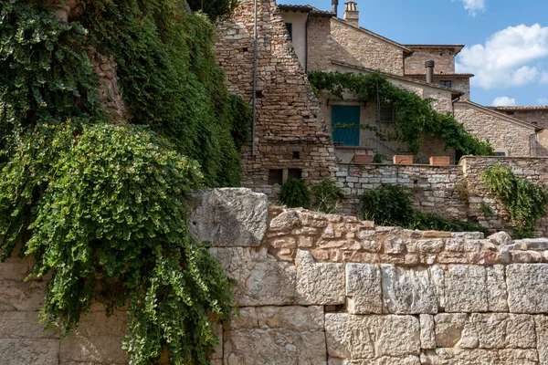 Antiguo Muro Piedra Con Hiedra Como Fondo Pared Con Adoquines — Foto de Stock