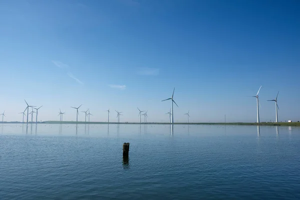 Modern Windmills Water Shore Green Grassy Dike Netherlands — Stock Photo, Image