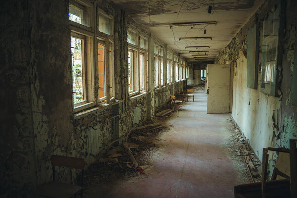 Chornobyl exclusion zone. Radioactive zone in Pripyat city - abandoned ghost town. Chernobyl history of catastrophe. Lost place in Ukraine, SSSR