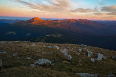Mount Hoverla gün batımında güzel manzara Ukrayna Karpat Dağları, Chornohora, Goverla Petros Dağı'nın en yüksek dağıdır