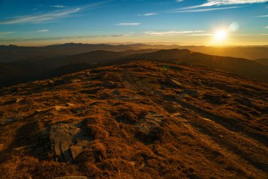 Ukrayna Karpat Dağları gün batımında güzel manzara, Petros Dağı'ndan Chornohora