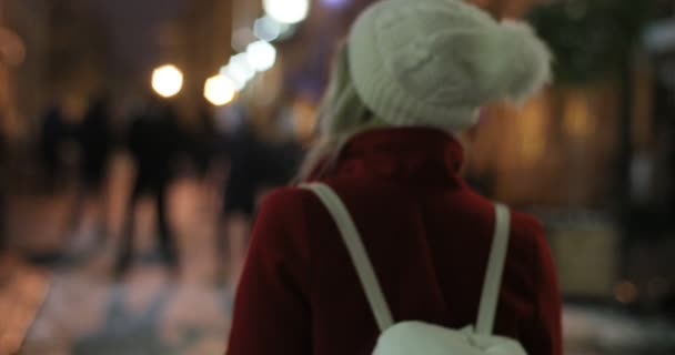 Junge Frau genießt den Weihnachtsmarkt in der Nacht. Mädchen spazieren an Wintermarktläden, weihnachtlichen Straßenlaternen und Dekorationen auf einem Hintergrund vorbei. — Stockvideo