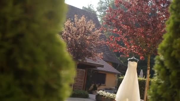 El vestido de novia perfecto colgando del árbol de otoño. Mañana nupcial — Vídeos de Stock