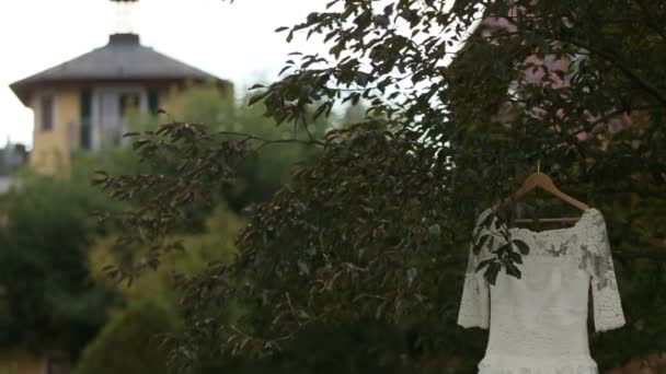 Close-up shot of perfect wedding dress hanging on tree. Bridal morning — Stock Video