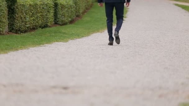 Man in pak lopen door het park, buiten, bruidegom in bruiloft pak — Stockvideo