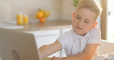 Internet, laptop evde konsantre çocukla çocuk blogging. Bilgisayar ile bağ mutlu küçük çocuk portresi.