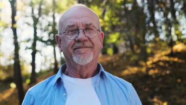 Porträt eines lächelnden älteren Mannes mit Brille im Park im Freien. Älterer Mann mit Bart und Brille lächelt, während er sich im Park ausruht — Stockvideo