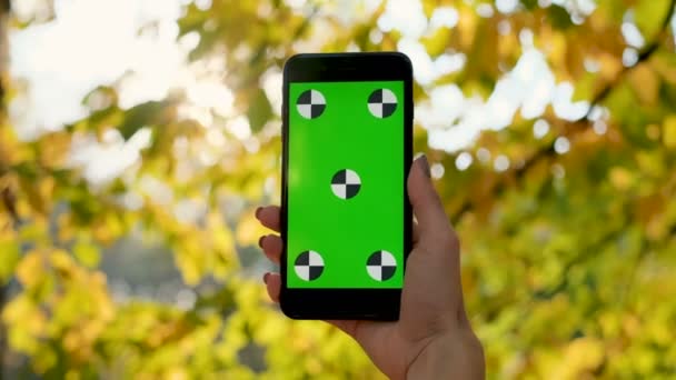 Mujer mostrar el teléfono inteligente pantalla verde al aire libre. Cierre la mano de la mujer sosteniendo y utilizando el teléfono inteligente móvil con pantalla verde vertical . — Vídeos de Stock