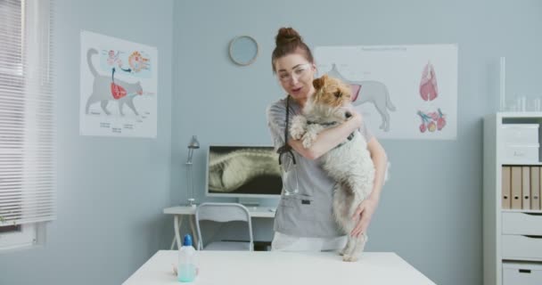 Piano medio di veterinario donna che tiene il cane in armi dopo essere stato esaminato in clinica veterinaria. Il veterinario accarezza il cane, lo abbraccia e lo accarezza. Concetto di animali domestici cura, veterinario, animali sani. — Video Stock