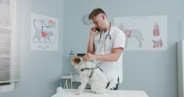 Μεσαίο σχέδιο του κτηνιάτρου άνθρωπος φορώντας ιατρική στολή με στηθοσκόπιο μιλώντας στο τηλέφωνο, μιλώντας ενώ ο σκύλος κάθεται στο τραπέζι εξετάσεις κτηνίατροι. Έννοια κατοικίδια ζώα φροντίδα, κτηνιατρικά, υγιή ζώα. — Αρχείο Βίντεο