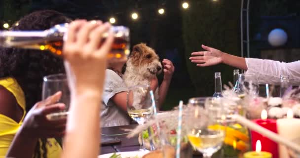 Šťastný mladý běloch dívka krmení roztomilý pes na párty v zahradě v noci. Radostné smíšené-závody přátelé sedí u stolu na dvorku a baví. Krásné zvířátko. Pití a stravování na oslavách večírků. — Stock video