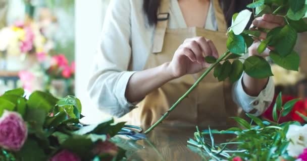 Primer plano de la encantadora floristería femenina asiática que trabaja en la florería. Manos de trabajadora bonita tomando flores y cortando tallos de rosas con tijeras en la tienda. Negocios, concepto de naturaleza. — Vídeos de Stock