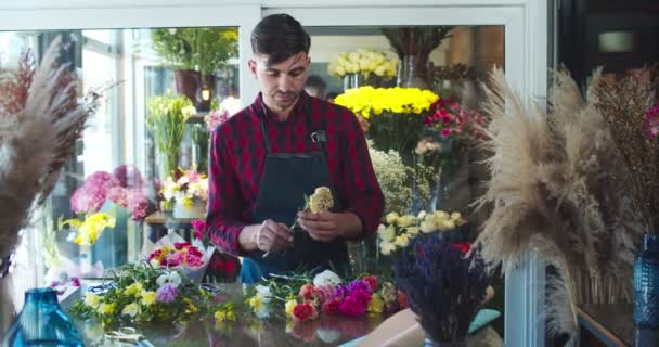 Bonito florista masculino caucasiano trabalhando em loja de flores moderna. Charmoso vendedor de homens trabalhador fazendo buquê de flores à mesa. Negócio, conceito de comércio. — Vídeo de Stock