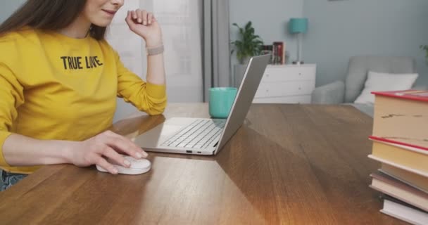 Widok z boku pięknej młodej kobiety pracującej na komputerze w domu. Zamknij portret skoncentrowanej ładnej dziewczyny piszącej na laptopie siedząc przy biurku w pokoju w domu. Koncepcja wolnego strzelca — Wideo stockowe