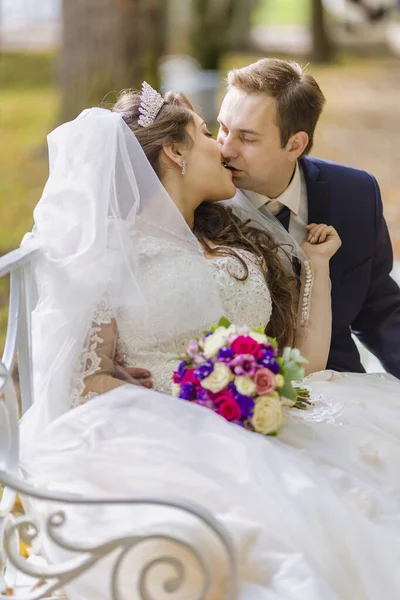 Nygifta promenader i parken och posera för en fotograf — Stockfoto