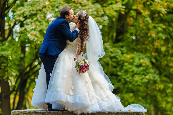 Recién Casados Caminan Por Parque Posan Para Fotógrafo — Foto de Stock