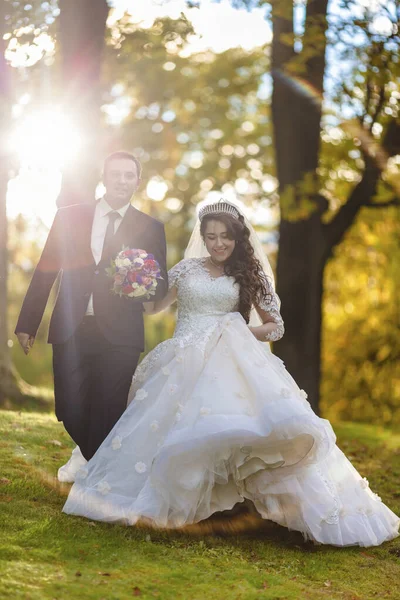 Recién casados caminan por el parque y posan para un fotógrafo — Foto de Stock