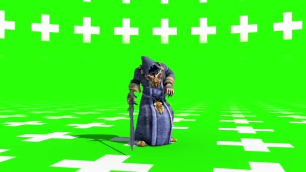 邪恶和尚攻击剑匕首绿色屏幕标记3D 渲染动画 — 图库视频影像