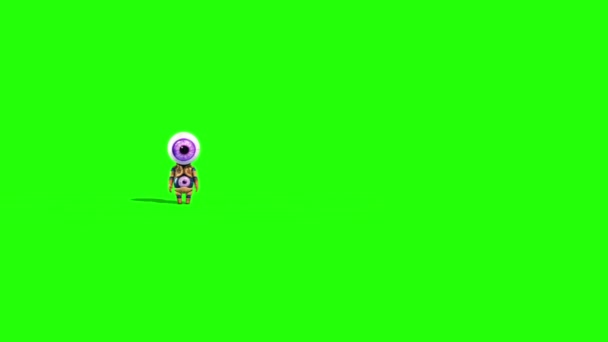 モンスター目男は 緑色の画面フロント レンダリングを歩くアニメーション — ストック動画