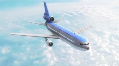 Uçak Uçağı Gökyüzü Bulutlar Mavi 3d Rendering Animasyon