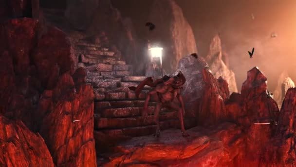 Monstruo Cueva Infierno Murciélagos Fondo Renderizado Animación — Vídeo de stock