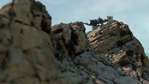 城山の背景に黒いドラゴン3Dレンダリングアニメーション4K — ストック動画