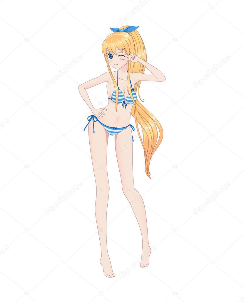 Beautiful Anime Manga Girl With Long Hair Blonde In Blue Striped Swimsuit Bikini Winks And Shows Gesture With Two Fingers Premium Vector In Adobe Illustrator Ai Ai Format Encapsulated
