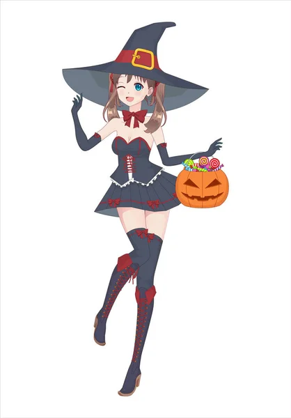 Anime manga girl in a witch costume with a big hat — Stock Vector