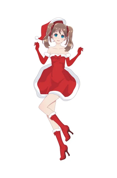 Anime manga gadis mengenakan kostum Santa Claus - Stok Vektor