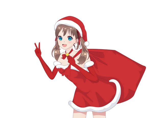 Anime manga gadis mengenakan kostum Santa Claus - Stok Vektor