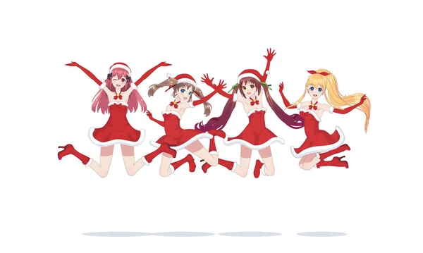 Joyful anime mangá meninas como Papai Noel em um salto — Vetor de Stock