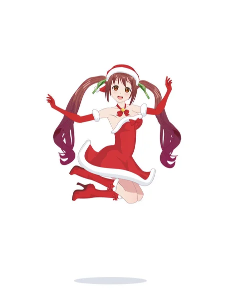 Joyful anime manga flicka som jultomten i ett hopp — Stock vektor