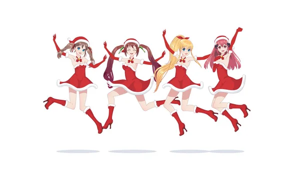 Joyful anime mangá meninas como Papai Noel em um salto —  Vetores de Stock