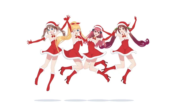 Joyful anime mangá meninas como Papai Noel em um salto — Vetor de Stock