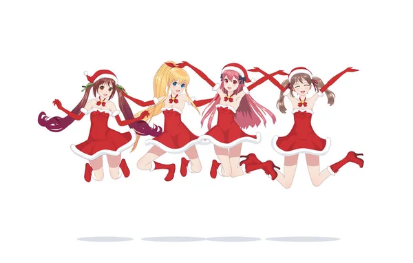 Neşeli anime manga kızlarda bir atlama Noel Baba — Stok Vektör